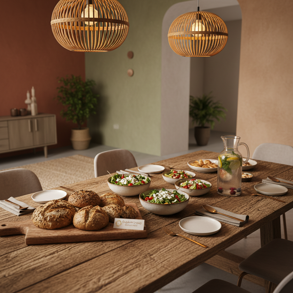 A rustic wooden dining table featuring an artfully arranged selection of gourmet dishes from goldengroup, including handmade breads, fresh salads in ceramic bowls, and a carafe of infused water. The table is set in a cozy, warmly lit dining area with muted earth tones and subtle textures in the décor. Elegant pendant lights cast soft, diffused illumination that highlights the natural grain of the wood and the rich colors of the food, creating a welcoming, sophisticated mood. Captured from a slightly elevated angle, the composition uses the rule of thirds to balance visual elements, with a shallow depth of field drawing attention to the vibrant food while keeping the background softly blurred. The overall style is refined and photographic, with minimalist elements enhancing the sense of calm hospitality.