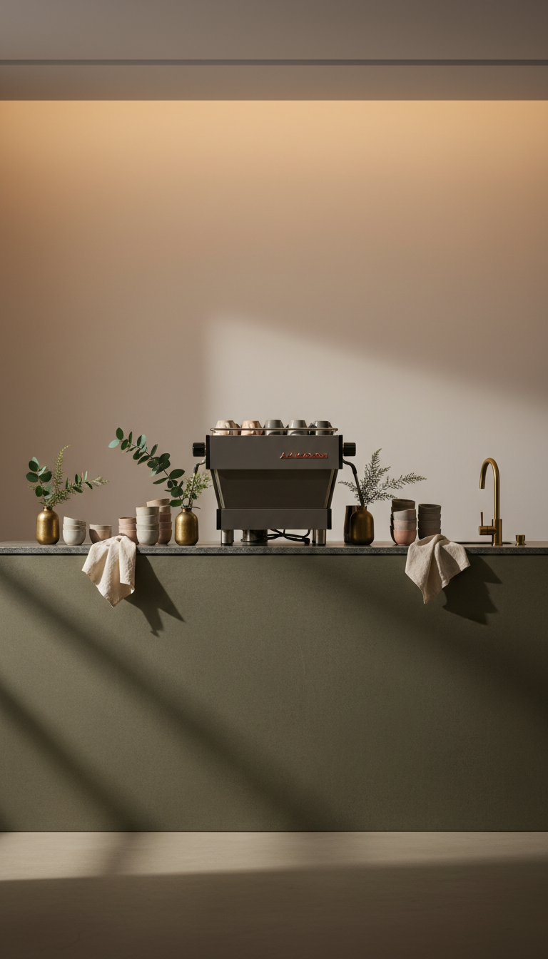 An artisanal coffee bar with a matte-finished espresso machine and minimalist ceramic cups displayed on a slate countertop. The setting is accented by elegant brass fixtures and subtle greenery, with softly draped linen napkins adding rustic charm. Warm, indirect lighting glows from overhead fixtures, casting gentle, elongated shadows and creating a serene, inviting ambiance. The image is shot straight-on at eye level, with symmetric composition that focuses attention on the artistry of the coffee setup. The background is softly gradiated with muted hues, contributing to a sophisticated and understated aesthetic that reflects the refined hospitality of goldengroup’s café environments.