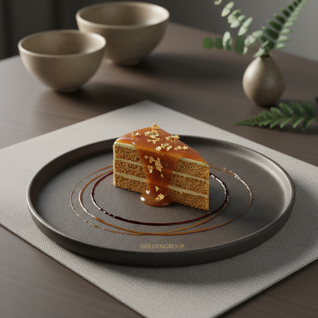 A bespoke dessert plate featuring a single, meticulously plated slice of honey cake with delicate gold leaf accents, surrounded by artistic swirls of sauce on matte charcoal porcelain. Set on a sleek, muted wood table with minimalist linen placemat, the backdrop includes softly blurred natural stoneware and subtle greenery. Soft, directional lighting from a nearby lamp creates gentle highlights on the cake’s honey glaze and casts graceful shadows that emphasize the plate’s texture. The camera angle is close and slightly tilted, placing the dessert as the focal point while maintaining elegant negative space. The visual style is photographic and minimalist, echoing goldengroup’s commitment to refined, memorable dining experiences.