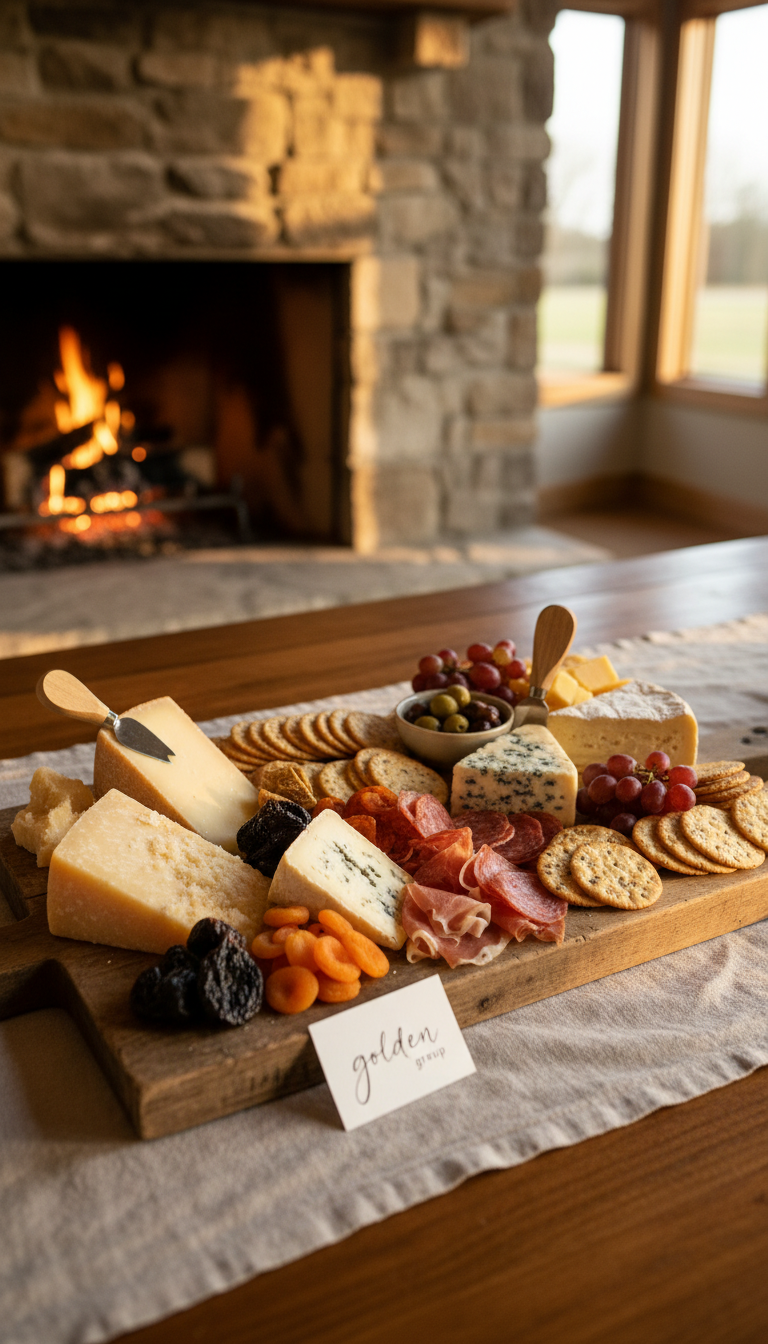 A refined, curated cheese and charcuterie board on a weathered wood platter, featuring an array of artisan cheeses, dried fruits, and rustic crackers. The board is positioned at the center of a linen-covered table beside a stone fireplace, evoking a rural yet elegant ambiance. Golden hour light pours in from a nearby window, creating warm highlights and casting intricate, soft-edged shadows that dance across the arrangement. The camera employs a shallow angle and tight framing, lending a sense of intimacy while allowing details like the leathery texture of dried figs and the subtle marbling of cheese to stand out. The scene is minimalist with a sophisticated rustic flair, supporting the welcoming yet upscale positioning of goldengroup’s brand.