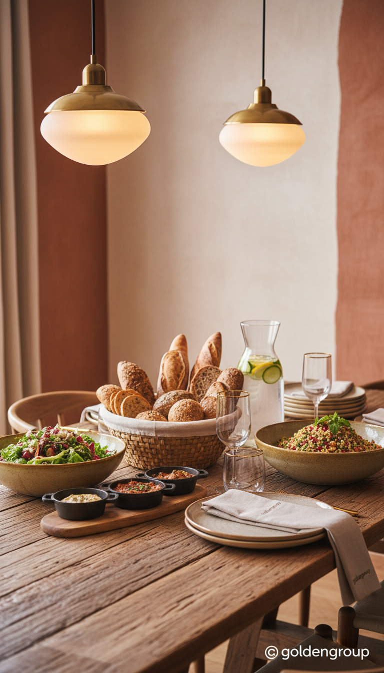 A rustic wooden dining table featuring an artfully arranged selection of gourmet dishes from goldengroup, including handmade breads, fresh salads in ceramic bowls, and a carafe of infused water. The table is set in a cozy, warmly lit dining area with muted earth tones and subtle textures in the décor. Elegant pendant lights cast soft, diffused illumination that highlights the natural grain of the wood and the rich colors of the food, creating a welcoming, sophisticated mood. Captured from a slightly elevated angle, the composition uses the rule of thirds to balance visual elements, with a shallow depth of field drawing attention to the vibrant food while keeping the background softly blurred. The overall style is refined and photographic, with minimalist elements enhancing the sense of calm hospitality.