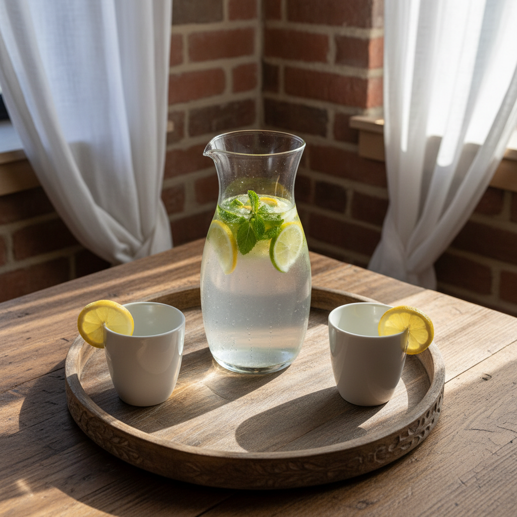 An elegant glass pitcher of infused citrus water with floating mint, positioned beside crisp white ceramic tumblers on a vintage wooden tray. The setting is a sun-dappled corner of a goldengroup restaurant with exposed brick walls and linen curtains, creating an inviting rural-modern atmosphere. Gentle late afternoon sunlight filters through, casting rippling highlights on the pitcher and subtle gradients on the tray. Captured overhead with clean, centered composition, the image emphasizes both symmetry and clarity. Refined details such as condensation on the glass and the organic shapes of citrus slices enhance the mood of effortless sophistication and hospitality, in line with the site’s polished yet approachable aesthetic.